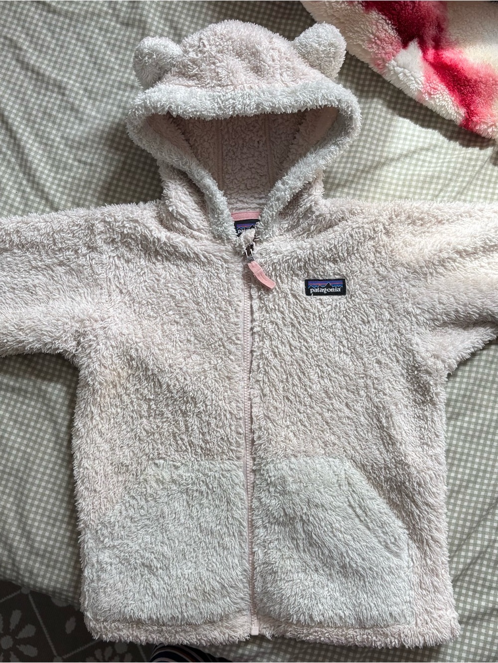 Patagonia Kids Pale Pink Fuzzy Hooded Zip-Up with Bear Ears